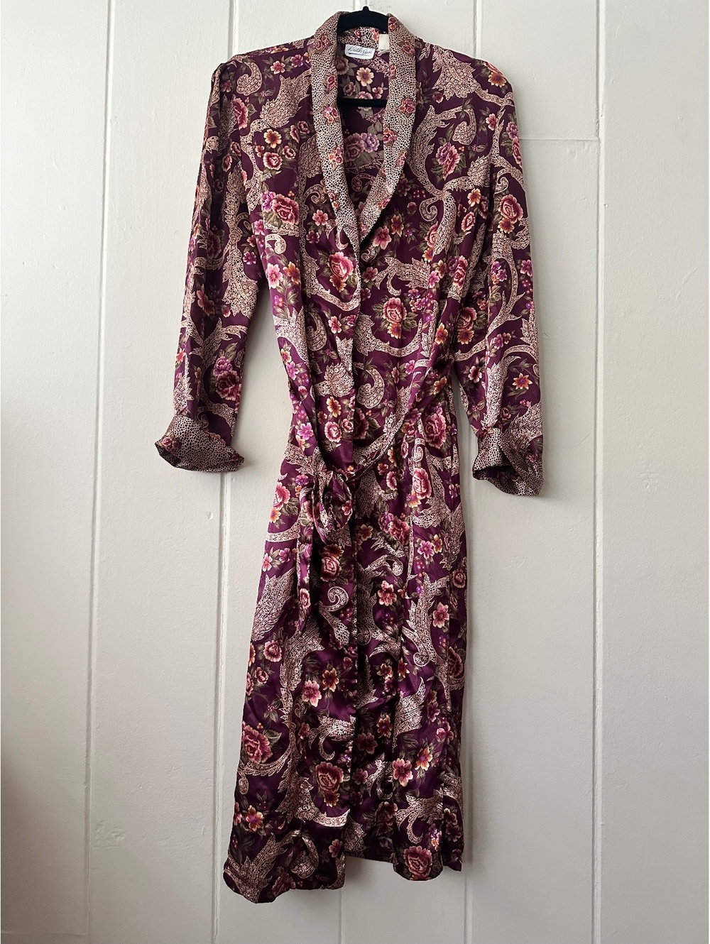 Vintage 1990s Kathryn Burgundy Floral Paisley Long Satin Robe Lingerie One Size